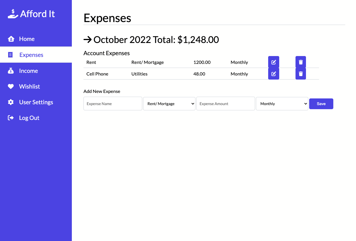 Screenshot of Afford It Application